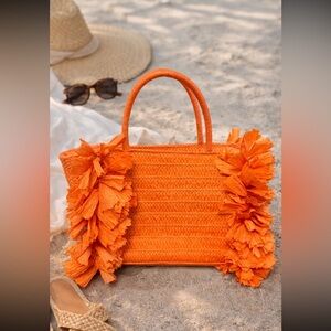 Shiraleah Chicago Orange Raffia Fringe Tote Beach Vacation Bag